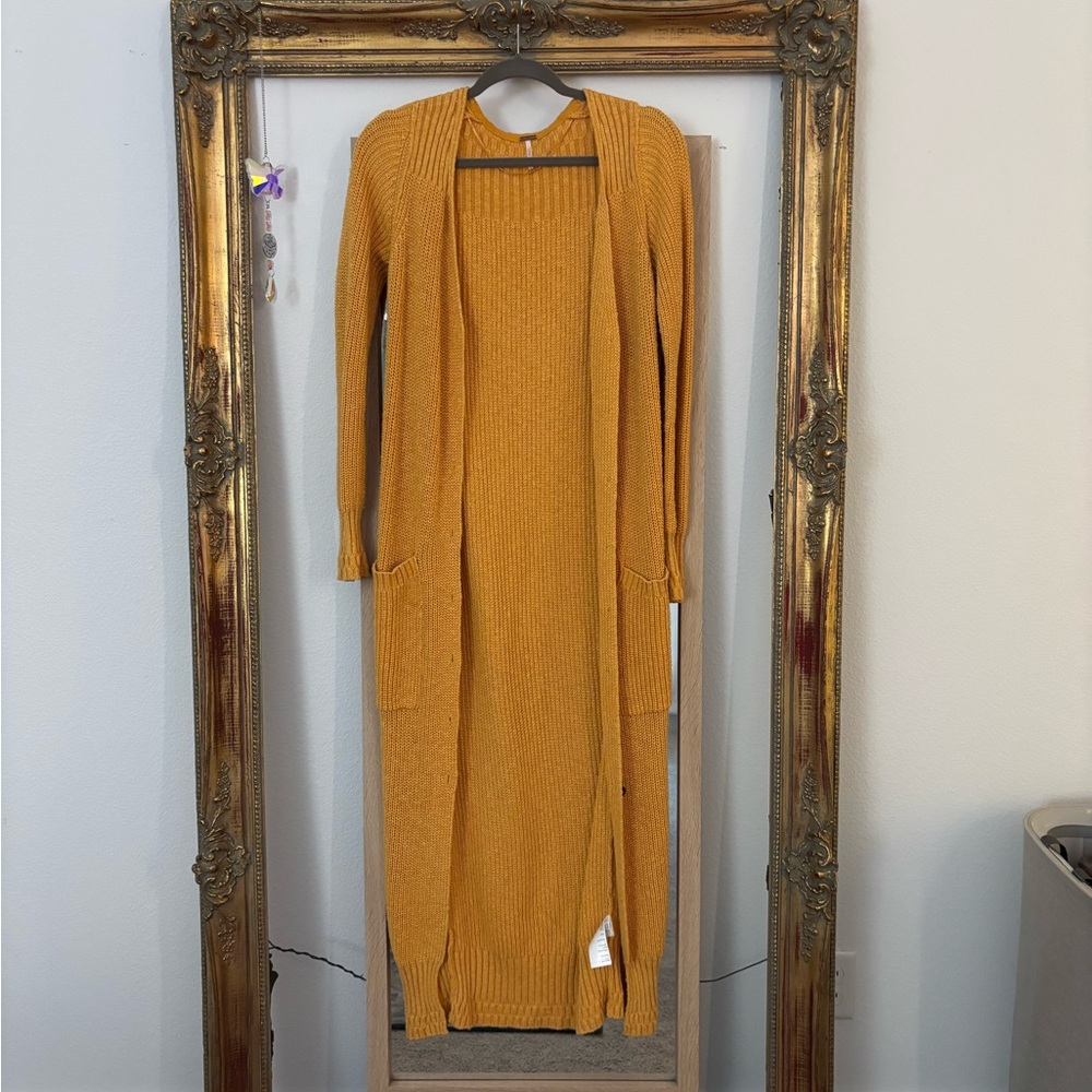Free People Mustard Yellow Long Cardigan Sweater